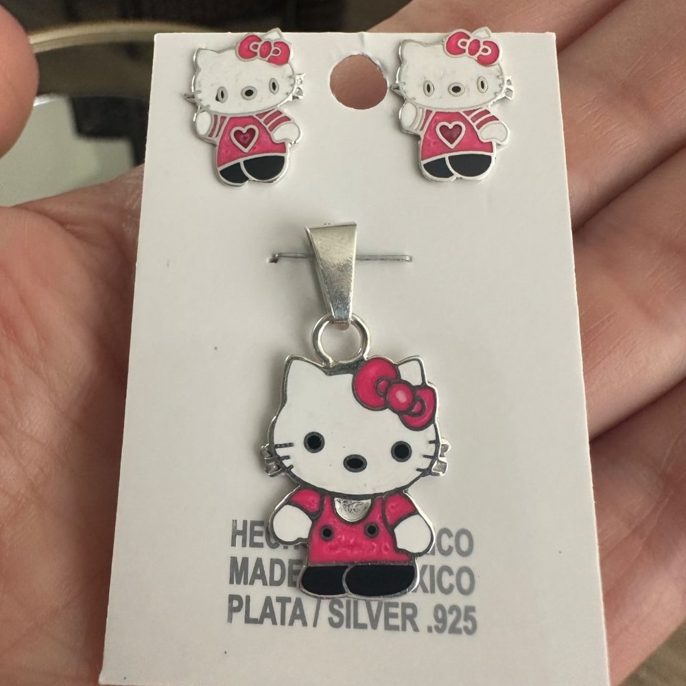 Hello Kitty Silver 925 Earrings & Pendant Set Trendy Girls Jewelry Made In Mexic - Picture 10 of 10